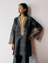 Naar Hand-Embroidered Metallic Kurta - Charcoal