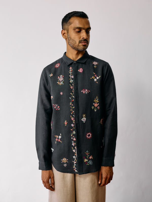 Zai Floral Hand-Embroidered Shirt - Charcoal