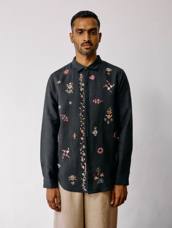 Zai Floral Hand-Embroidered Shirt - Charcoal