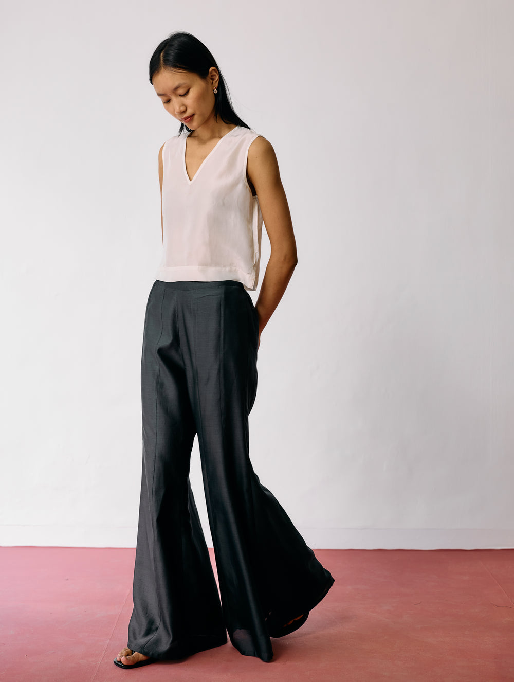 Reva Silk Chanderi Sharara Pants - Charcoal