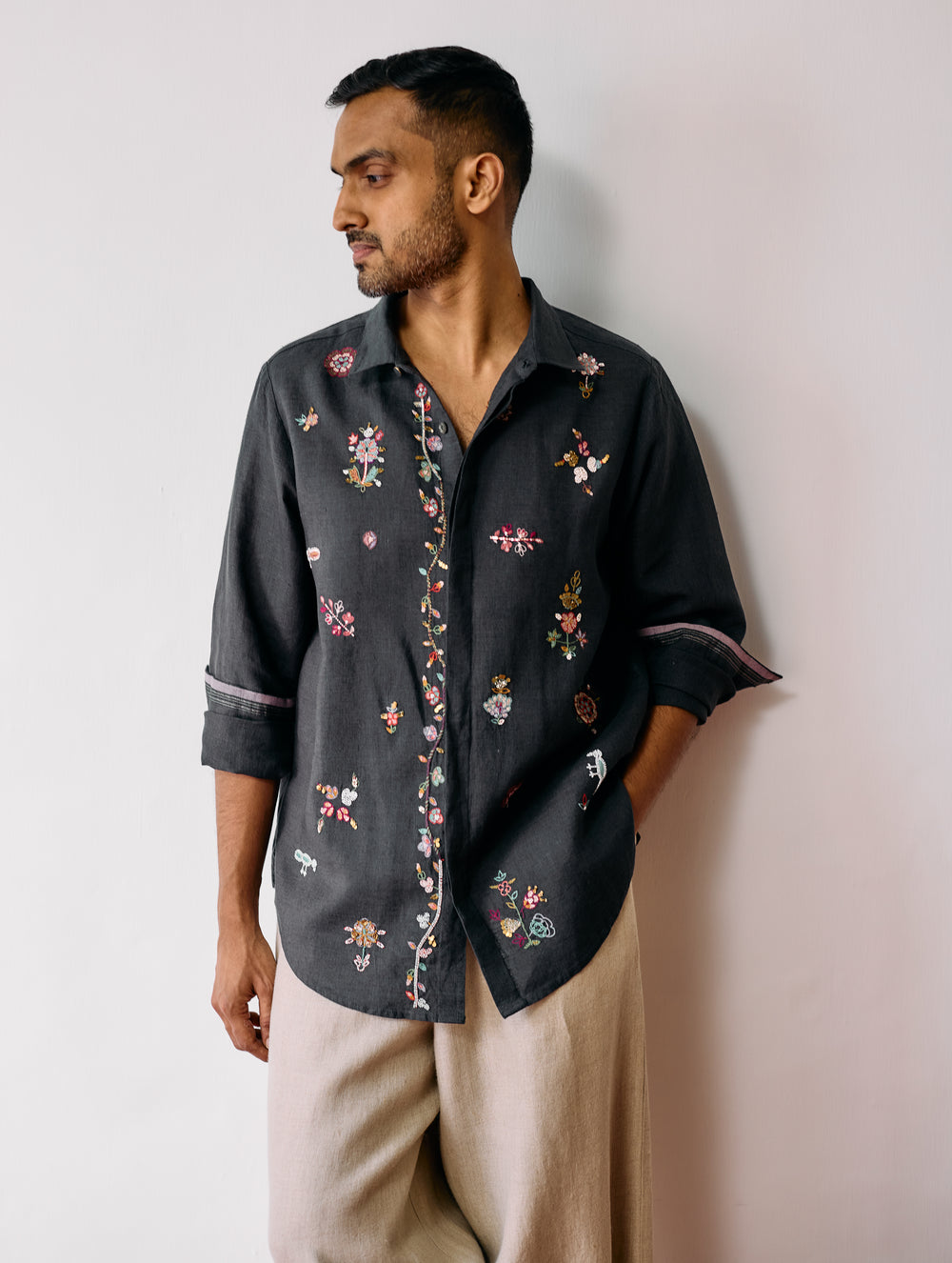 Zai Floral Hand-Embroidered Shirt - Charcoal