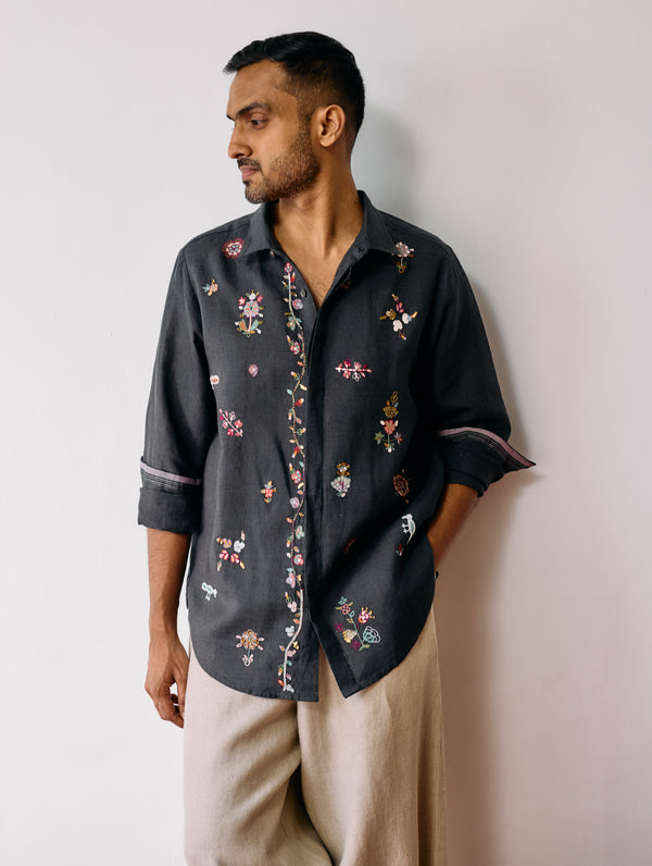 Zai Floral Hand-Embroidered Shirt - Charcoal