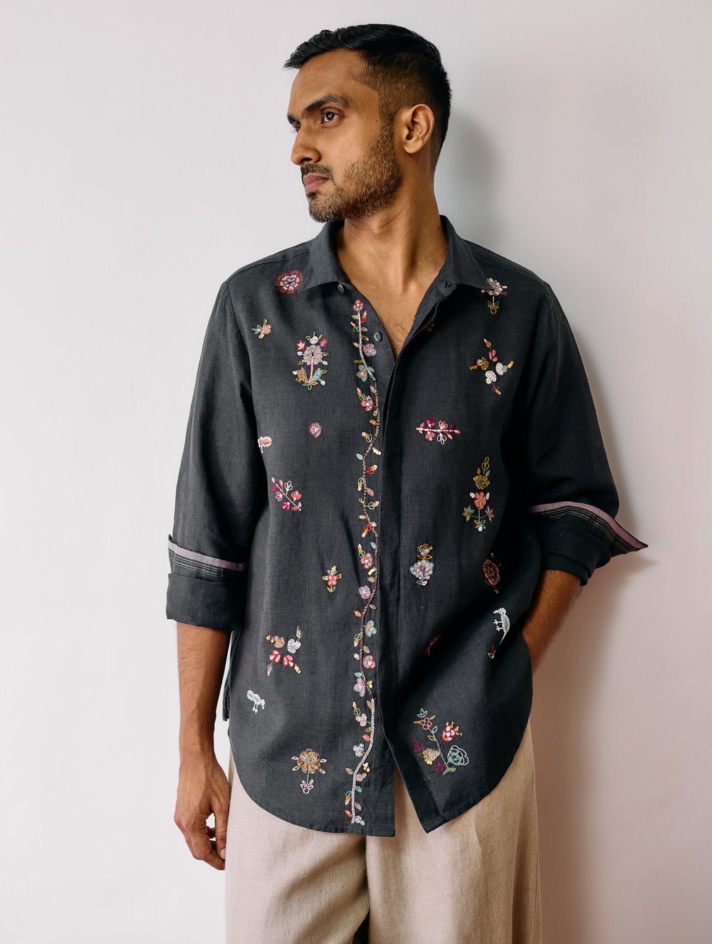 Zai Floral Hand-Embroidered Shirt - Charcoal