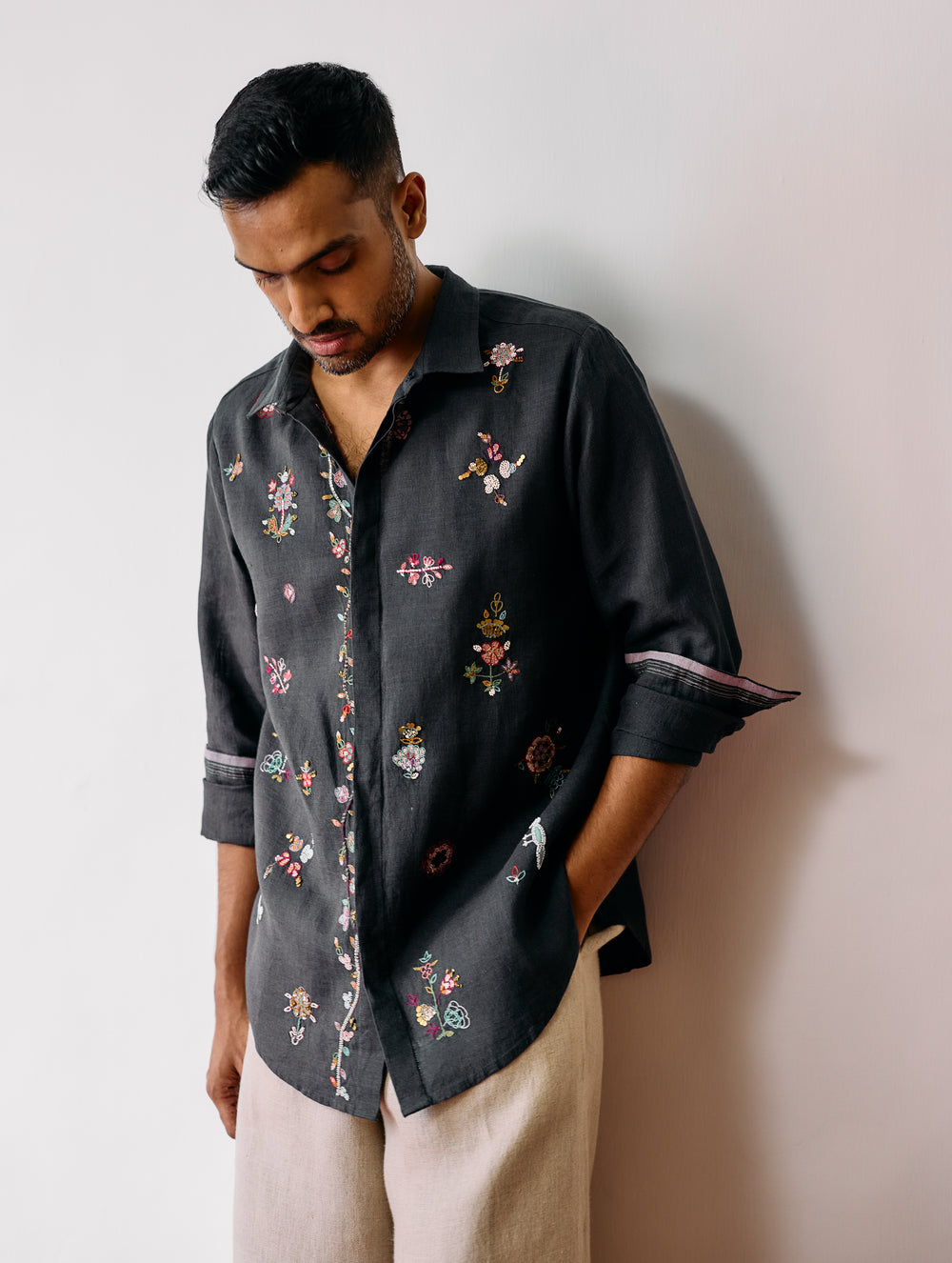 Zai Floral Hand-Embroidered Shirt - Charcoal