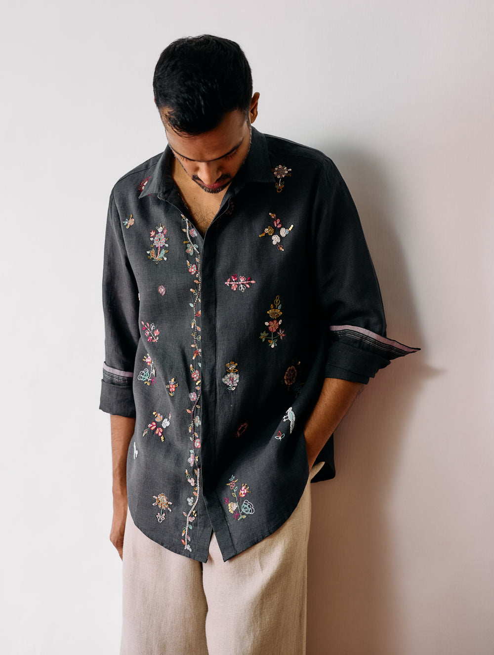Zai Floral Hand-Embroidered Shirt - Charcoal