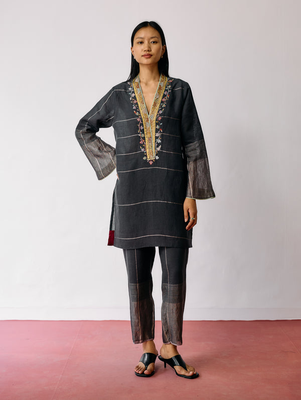 Nila Tapered Metallic Linen Pants - Charcoal