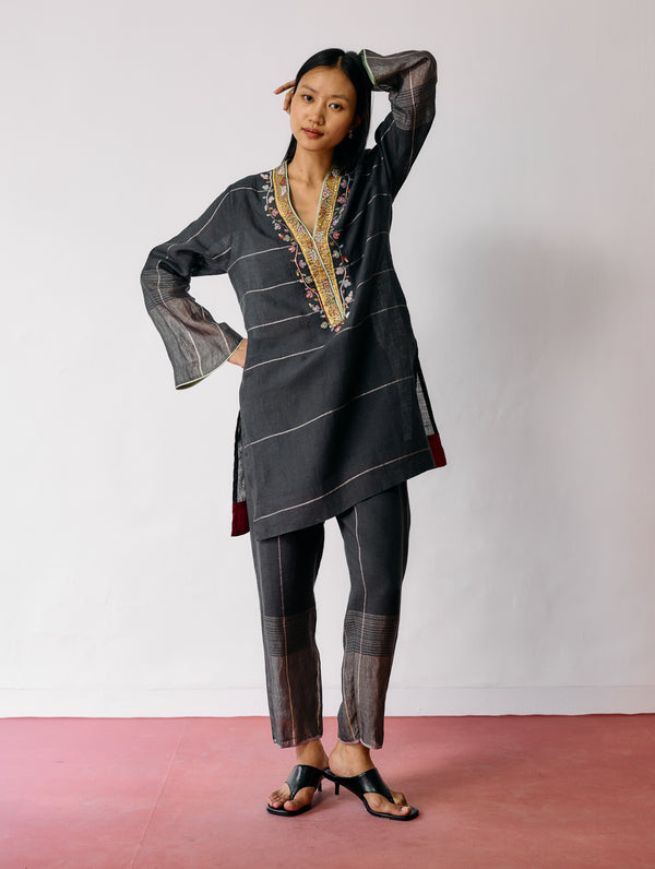 Nila Tapered Metallic Linen Pants - Charcoal