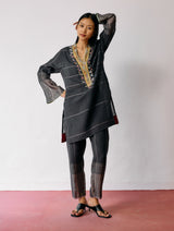 Nila Tapered Metallic Linen Pants - Charcoal