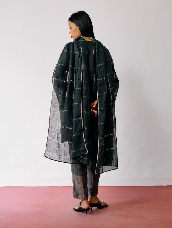 Mora Hand-Embroidered Metallic Linen Dupatta - Charcoal