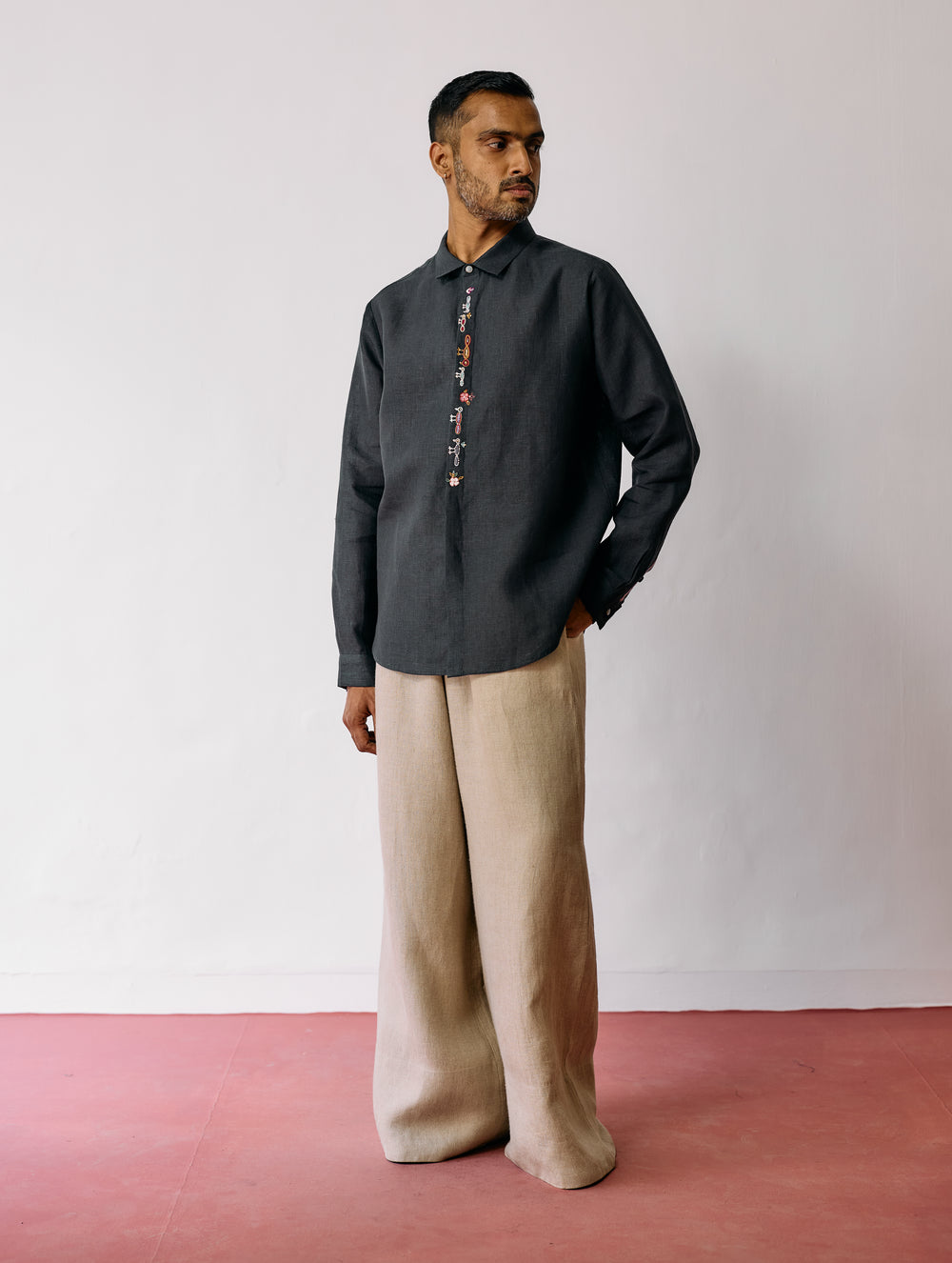 Ved Hand-Embroidered Bird Shirt - Charcoal