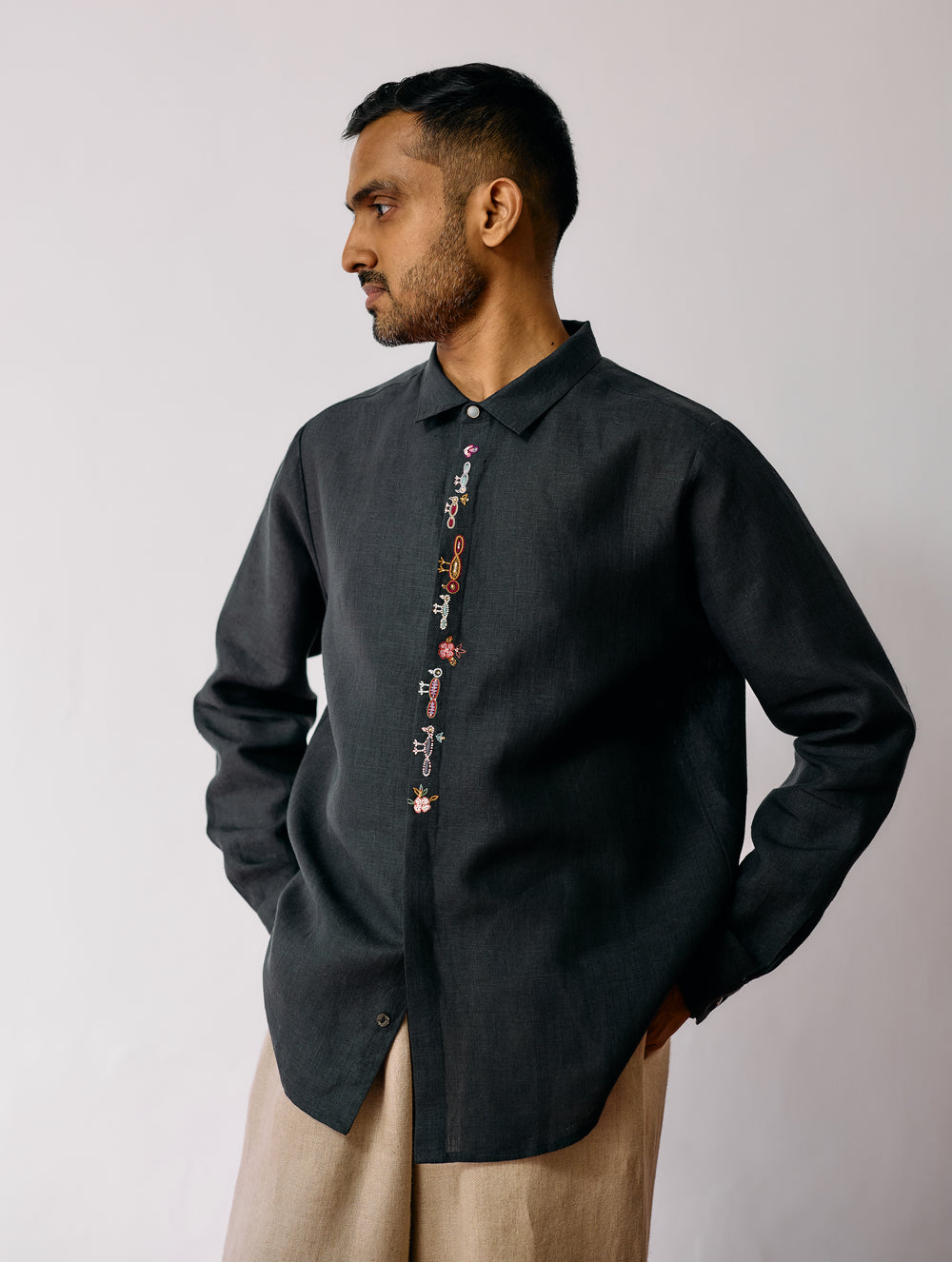 Ved Hand-Embroidered Bird Shirt - Charcoal