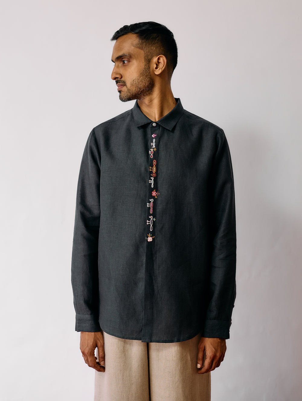 Ved Hand-Embroidered Bird Shirt - Charcoal