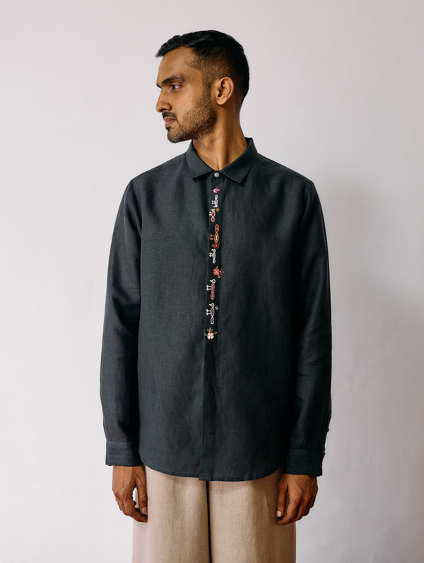 Ved Hand-Embroidered Bird Shirt - Charcoal