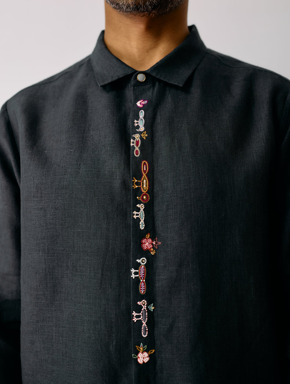 Ved Hand-Embroidered Bird Shirt - Charcoal