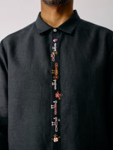 Ved Hand-Embroidered Bird Shirt - Charcoal