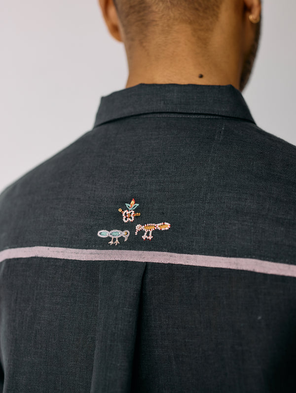 Ved Hand-Embroidered Bird Shirt - Charcoal