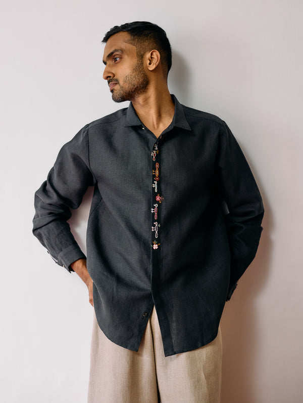 Ved Hand-Embroidered Bird Shirt - Charcoal