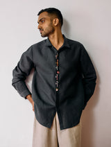 Ved Hand-Embroidered Bird Shirt - Charcoal