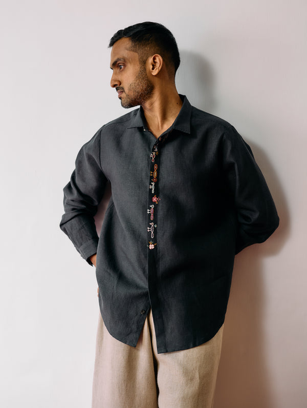 Ved Hand-Embroidered Bird Shirt - Charcoal