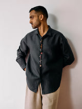 Ved Hand-Embroidered Bird Shirt - Charcoal