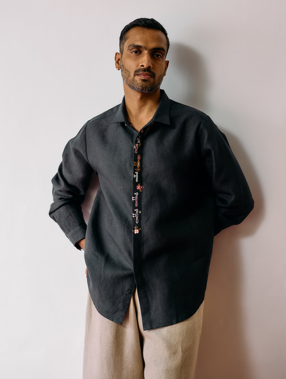 Ved Hand-Embroidered Bird Shirt - Charcoal