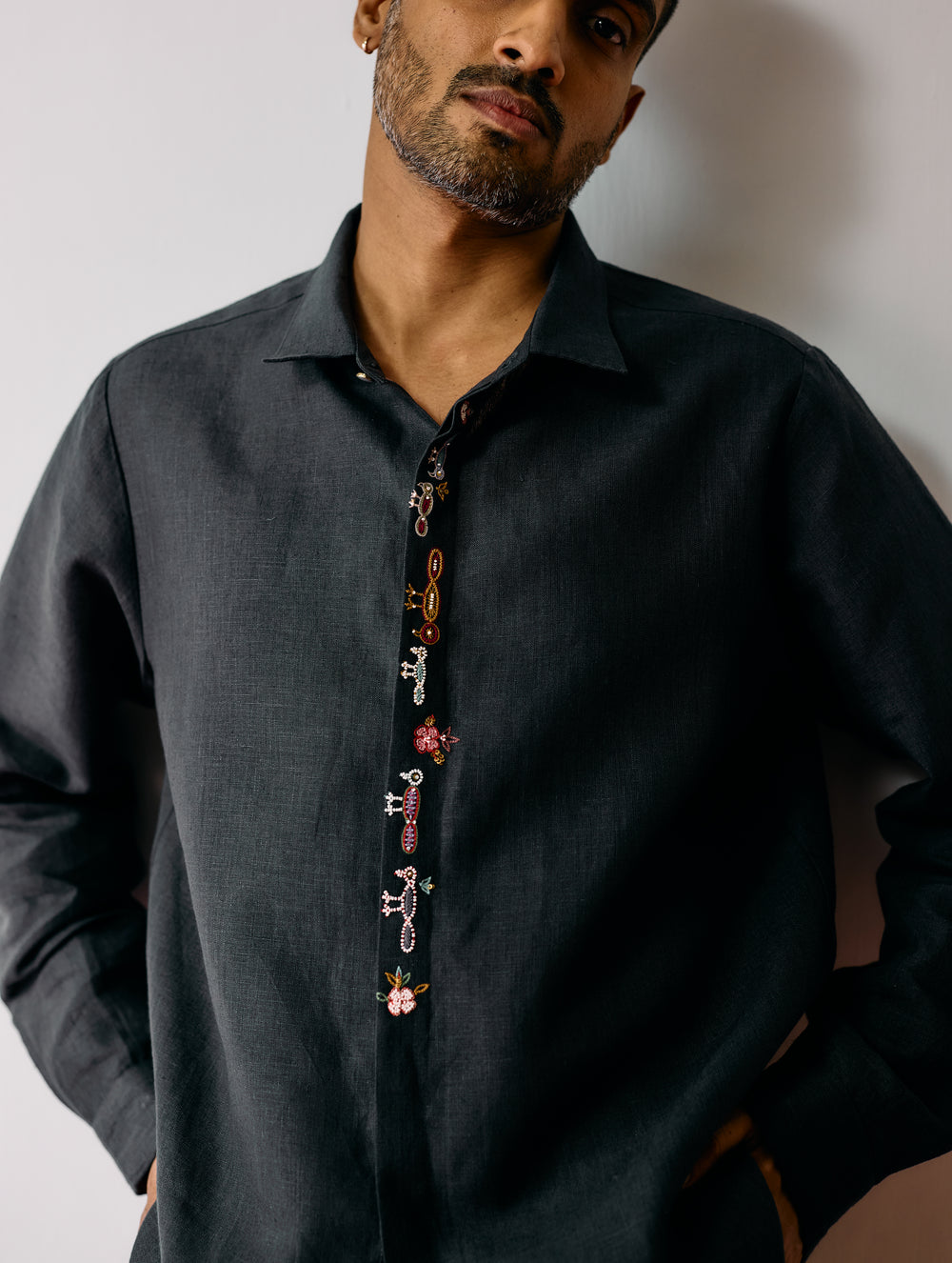 Ved Hand-Embroidered Bird Shirt - Charcoal
