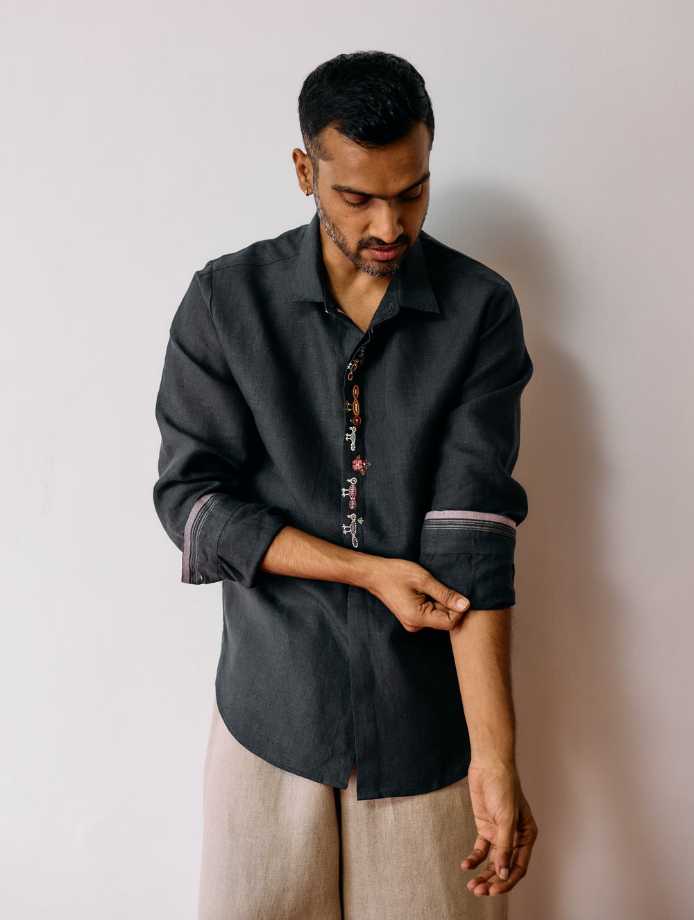 Ved Hand-Embroidered Bird Shirt - Charcoal
