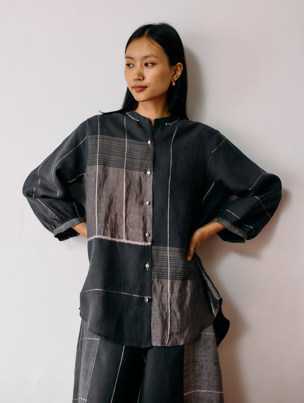 Rin Metallic Linen Shirt - Charcoal