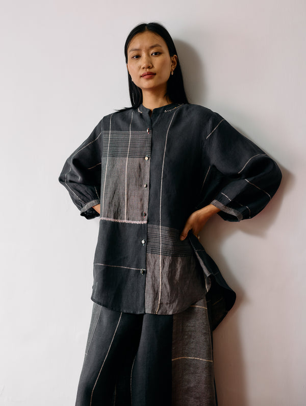 Rin Metallic Linen Shirt - Charcoal