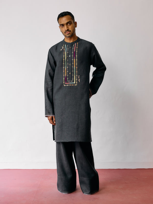 Keta Hand-Embroidered Linen Kurta Set - Charcoal