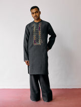 Keta Hand-Embroidered Linen Kurta Set - Charcoal