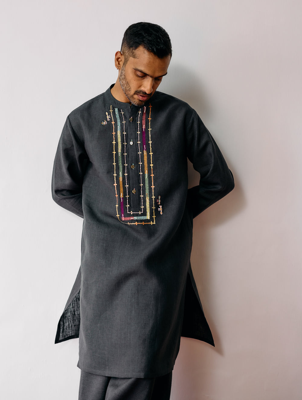Keta Hand-Embroidered Linen Kurta - Charcoal