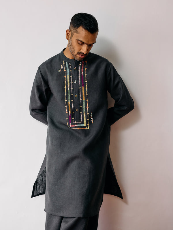 Keta Hand-Embroidered Linen Kurta - Charcoal