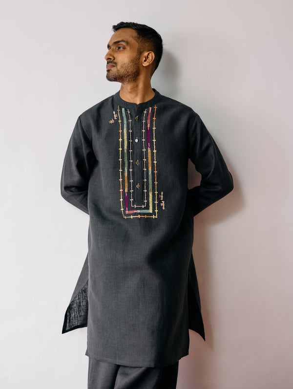 Keta Hand-Embroidered Linen Kurta - Charcoal