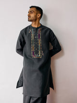 Keta Hand-Embroidered Linen Kurta - Charcoal