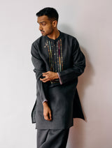 Keta Hand-Embroidered Linen Kurta Set - Charcoal