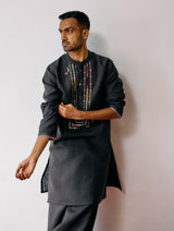 Keta Hand-Embroidered Linen Kurta Set - Charcoal