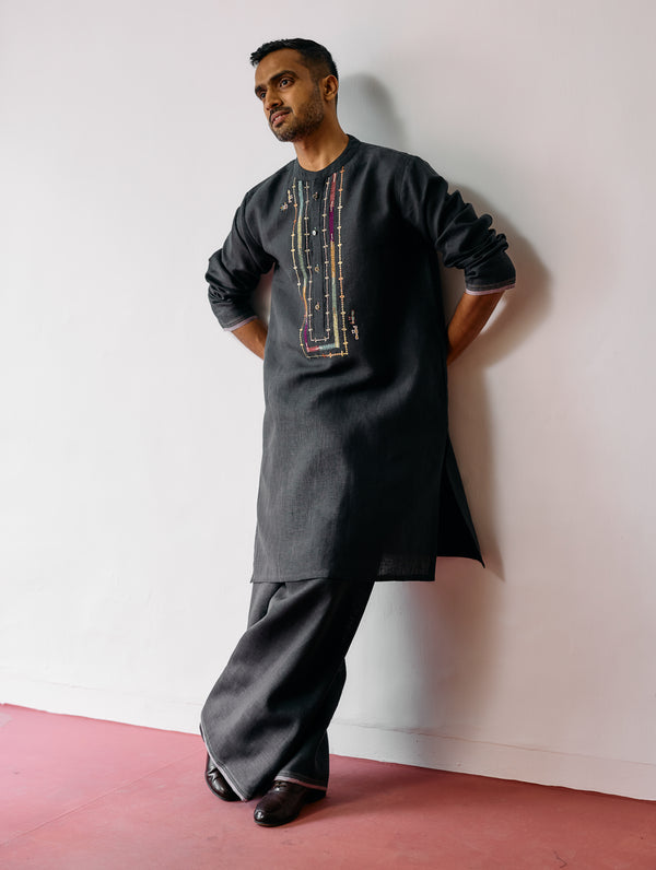 Keta Hand-Embroidered Linen Kurta Set - Charcoal