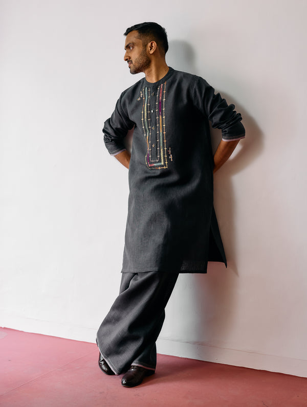 Keta Hand-Embroidered Linen Kurta - Charcoal
