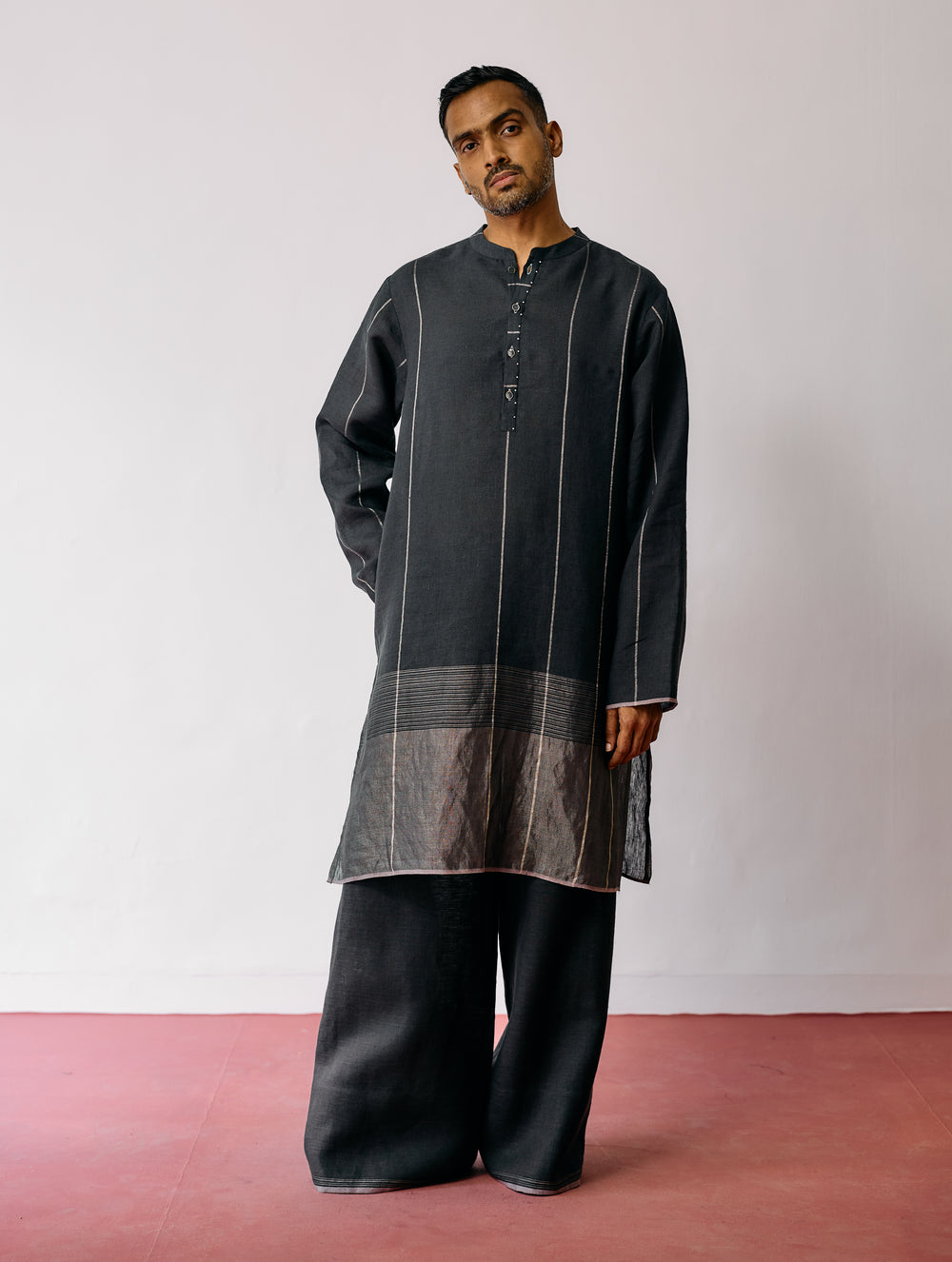 Jawahar Metallic Linen Kurta - Charcoal
