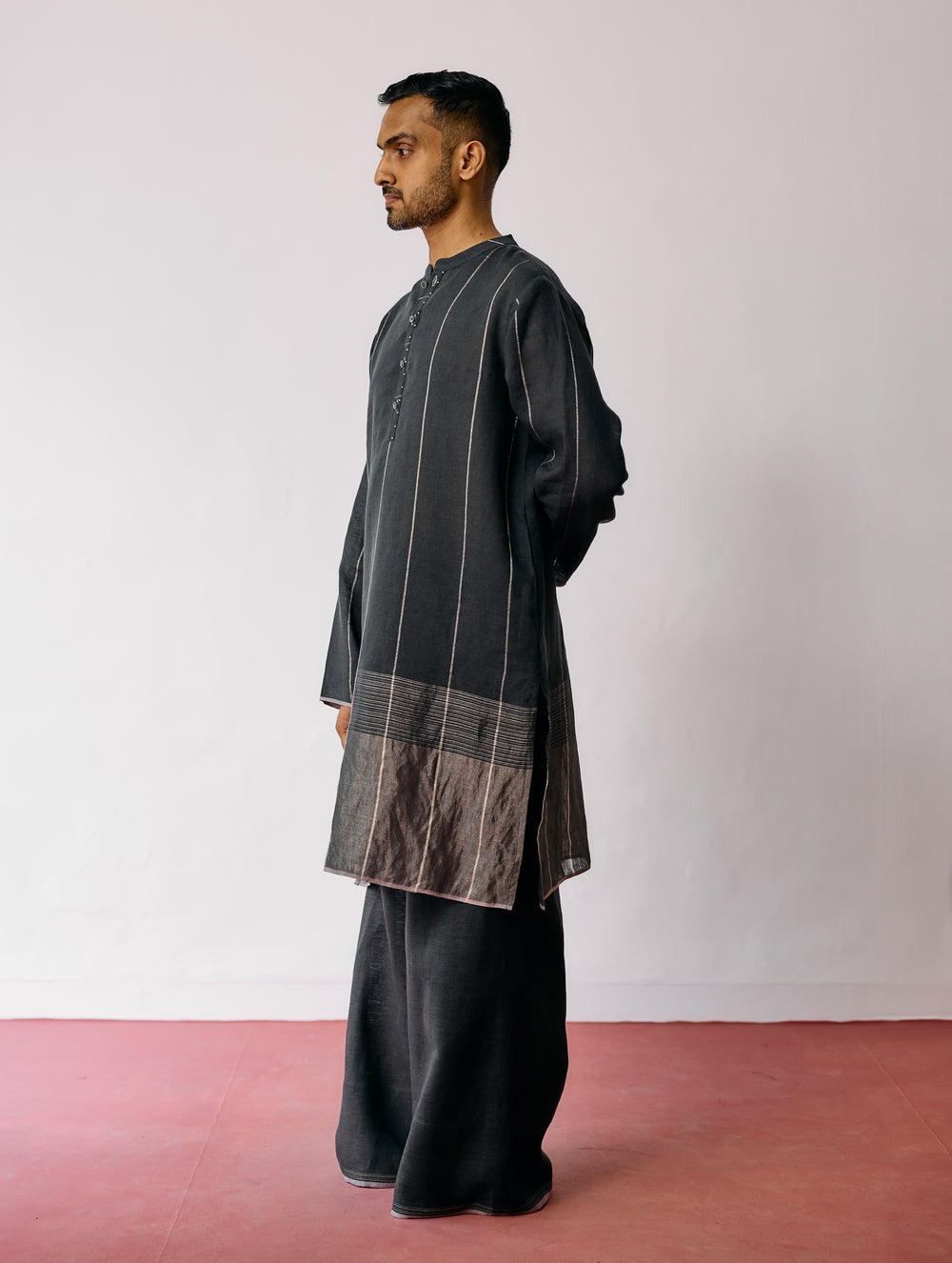 Jawahar Metallic Linen Kurta - Charcoal