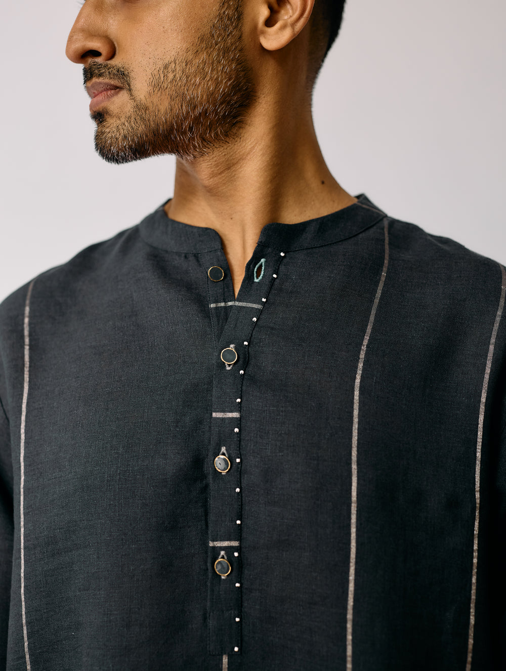 Jawahar Metallic Linen Kurta - Charcoal