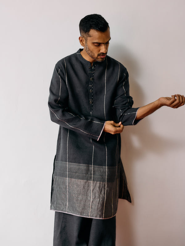 Jawahar Metallic Linen Kurta Set - Charcoal
