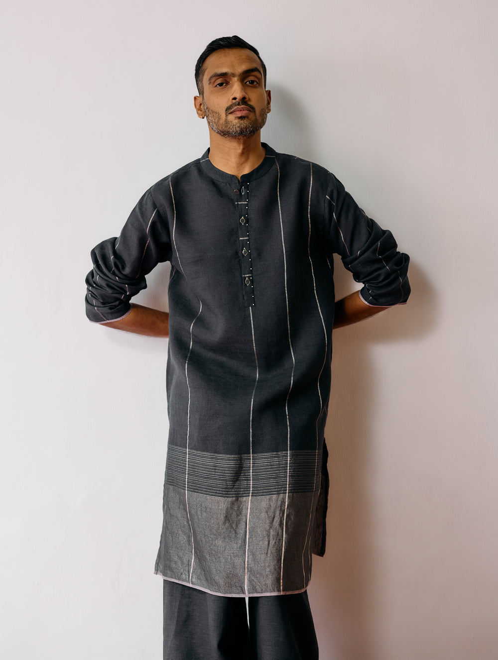Jawahar Metallic Linen Kurta - Charcoal