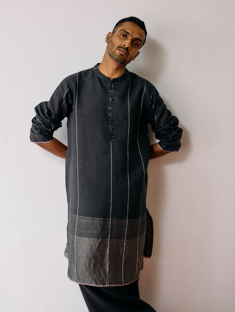 Jawahar Metallic Linen Kurta - Charcoal