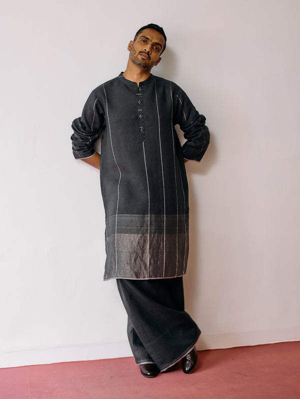 Jawahar Metallic Linen Kurta - Charcoal