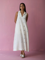 Cara Collared Jamdani Linen Dress - Ivory