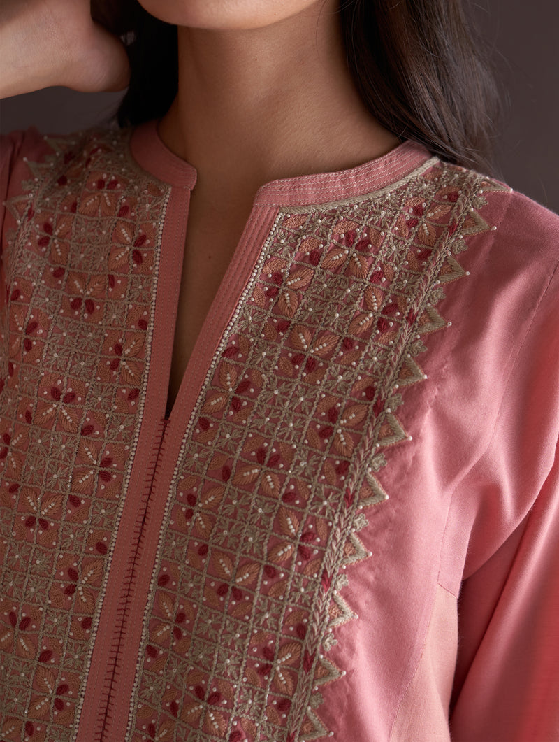 Saori Hand-Embroidered Kurta Set - Coral