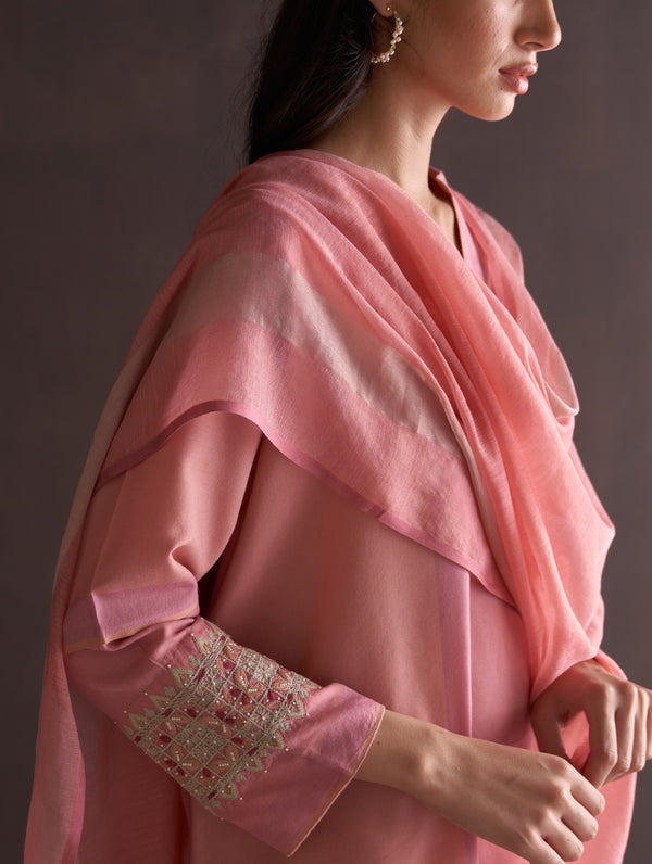 Rya Handwoven Metallic Dupatta - Coral