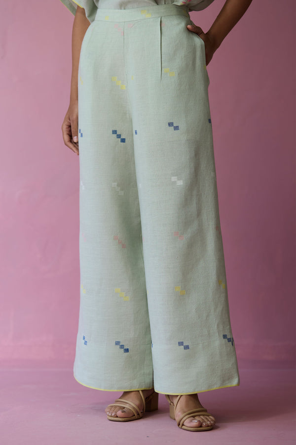 Imri Cuban Collared Jamdani Linen Co-ord Set - Aqua